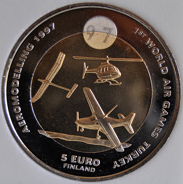 1997 Finland 5 Euro X# 43 Bi-Metallic AEROMODELLING 1st World Air Games coin