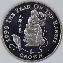 1999 Gibraltar 1 CROWN KM# 783.1 Proof Copper-Nickel Peter Rabbit reading coin