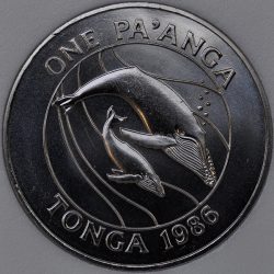 1986 Tonga 1 PA’ANGA KM# 128 copper-Nickel whales Anniversary of WWF
